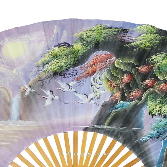 Vintage AsianFantasy Valley Large Bamboo & Silk Wall‎ Fan Handpainted 60"X35" - Picture 3 of 10